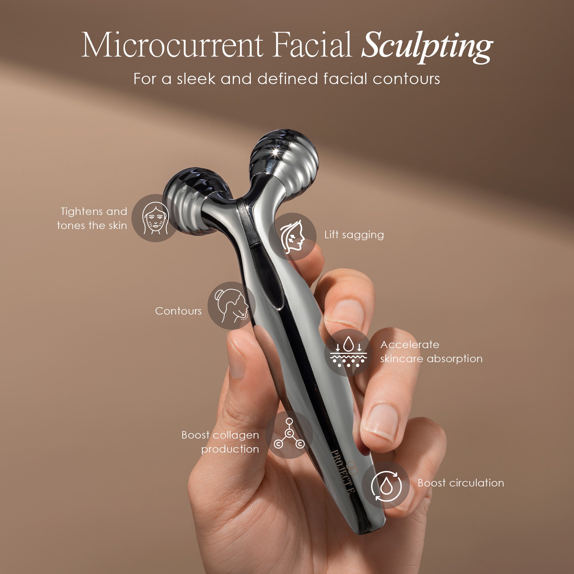 Vora microcurrent facial roller listing microcurrent facial benefits such as lifts sagging