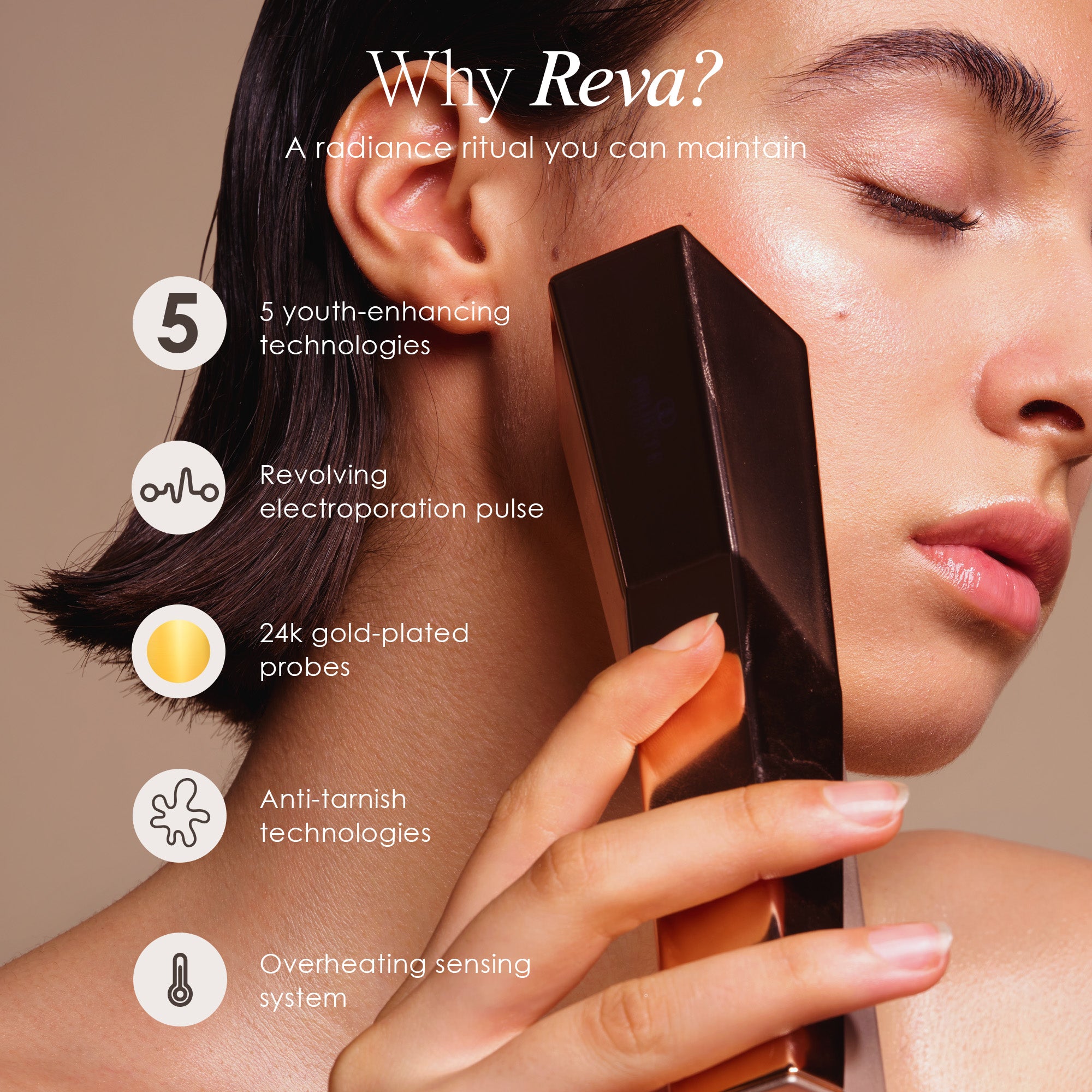 REVA instant age renewal wand listing features such as anti-tarnish technology