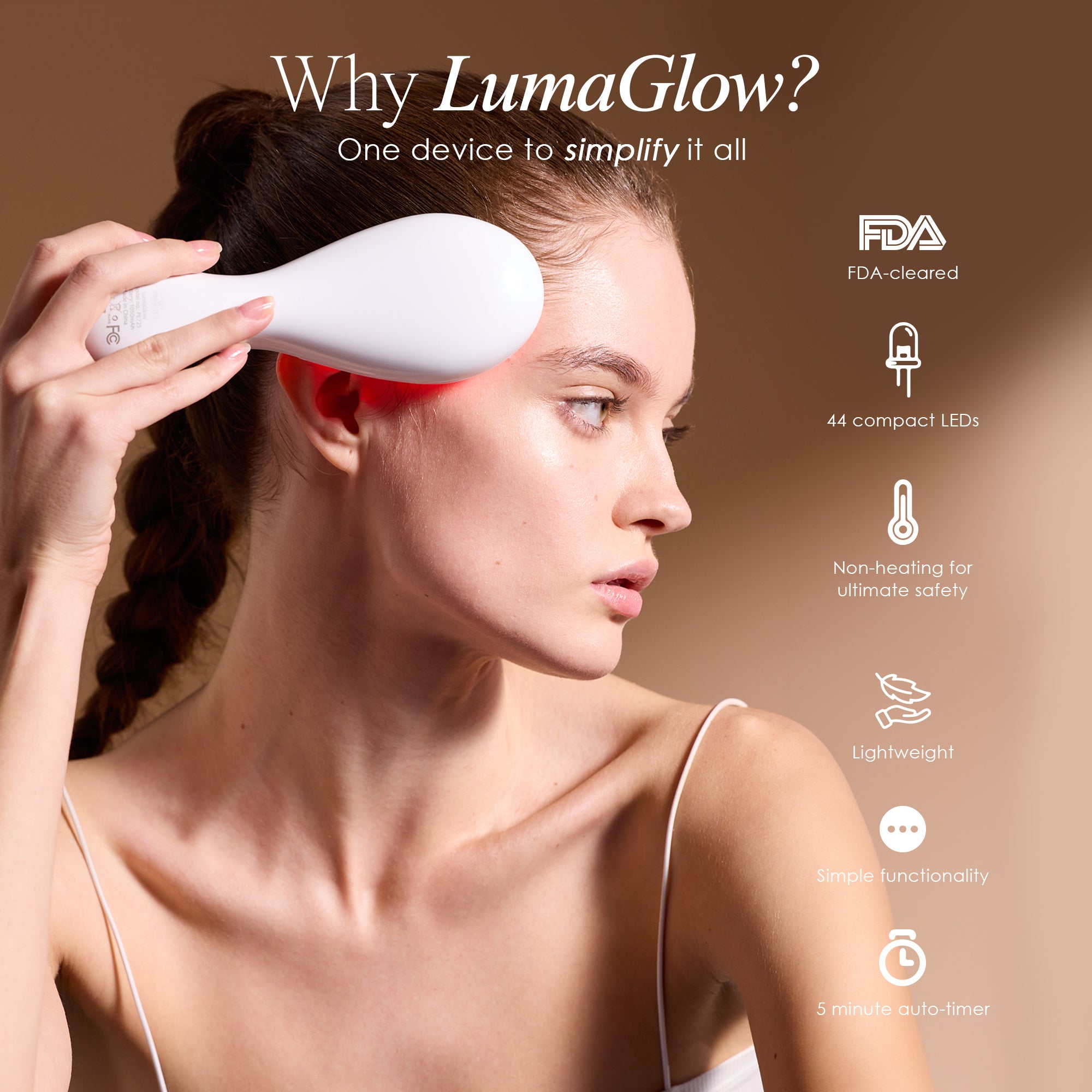 LumaGlow LED light therapy wand showing features such as 44 compact LEDs