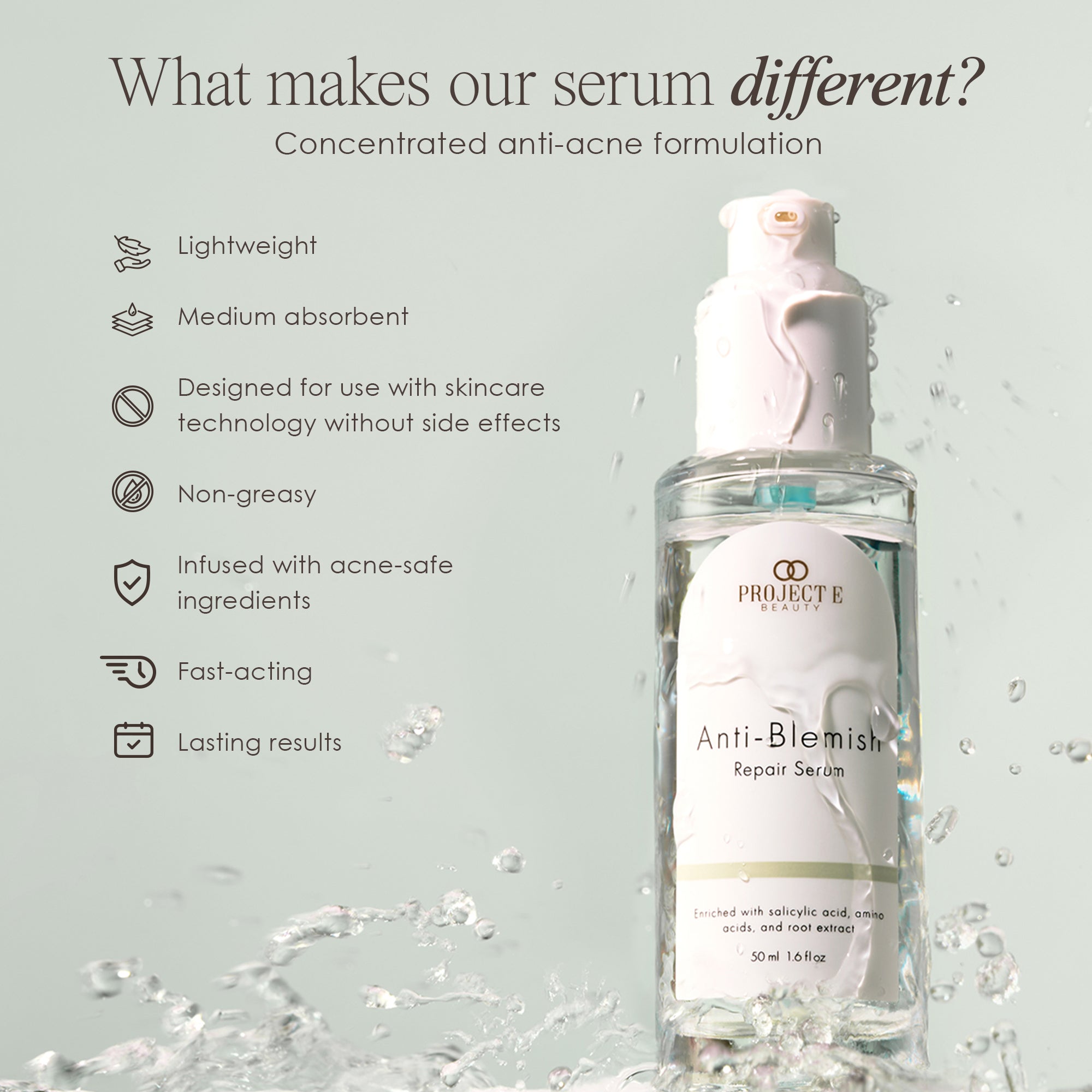 Anti-Blemish repair serum listing features such as lightweight and fast-acting