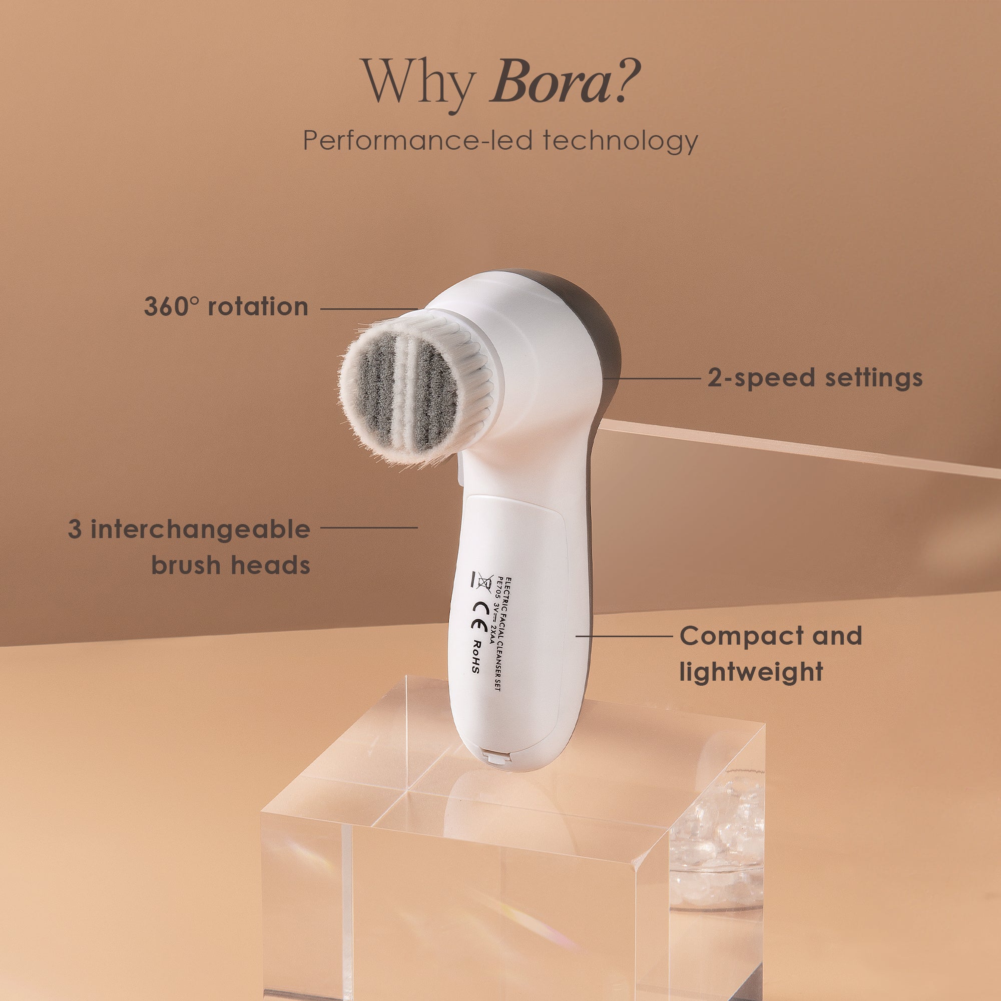 Bora electric facial brush listing features such as 2-speed settings