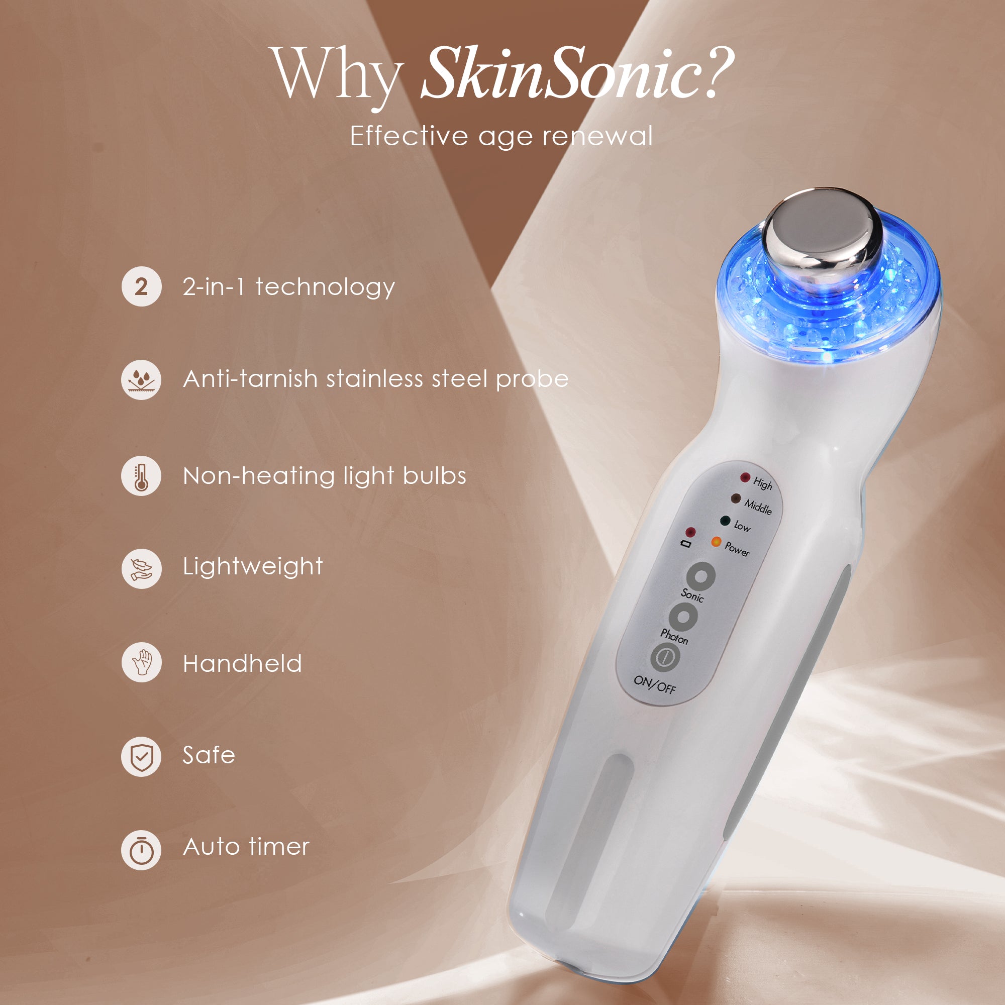 SkinSonic ultrasound therapy wand listing features such as lightweight and handheld